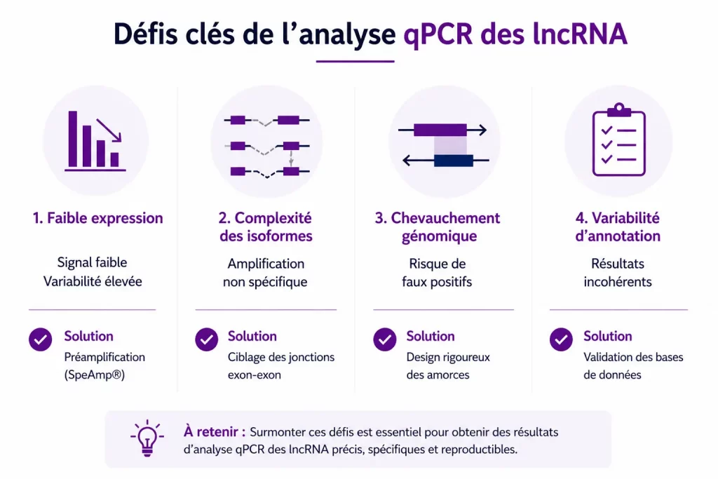 Infographie présentant les principaux défis de l’analyse qPCR des lncRNA : faible expression, complexité des isoformes, chevauchement génomique et variabilité d’annotation, avec des solutions pour améliorer la spécificité et la reproductibilité
