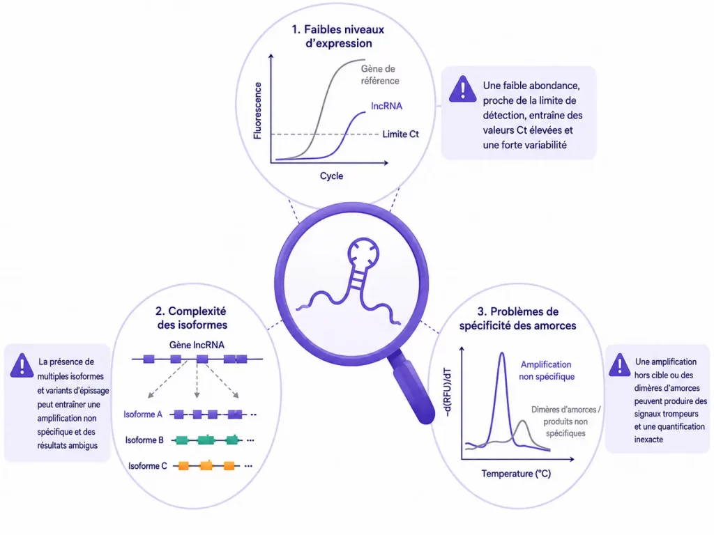 Infographie scientifique pour les ressources qPCR expression génique montrant les facteurs influençant la reproductibilité de la qPCR lncRNA, notamment la faible expression, la complexité des isoformes et la spécificité des amorces.