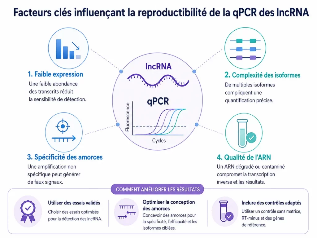 Infographie scientifique montrant les principaux facteurs pouvant affecter la reproductibilité de la qPCR lncRNA, notamment la faible expression des transcrits, la complexité des isoformes, la spécificité des amorces et la qualité de l’ARN.