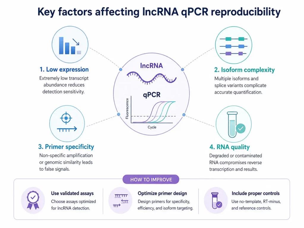 Scientific infographic showing the main factors that can affect lncRNA qPCR reproducibility, including low transcript expression, isoform complexity, primer specificity and RNA quality.