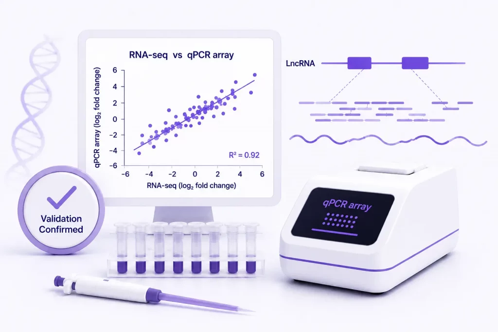 RNA-seq is a powerful discovery method, but selected findings often need to be confirmed with a targeted and sensitive approach. This guide explains how qPCR arrays can help researchers validate RNA-seq results, confirm relevant lncRNA signals and strengthen the interpretation of transcriptomic data, especially when expression levels are low or sample material is limited