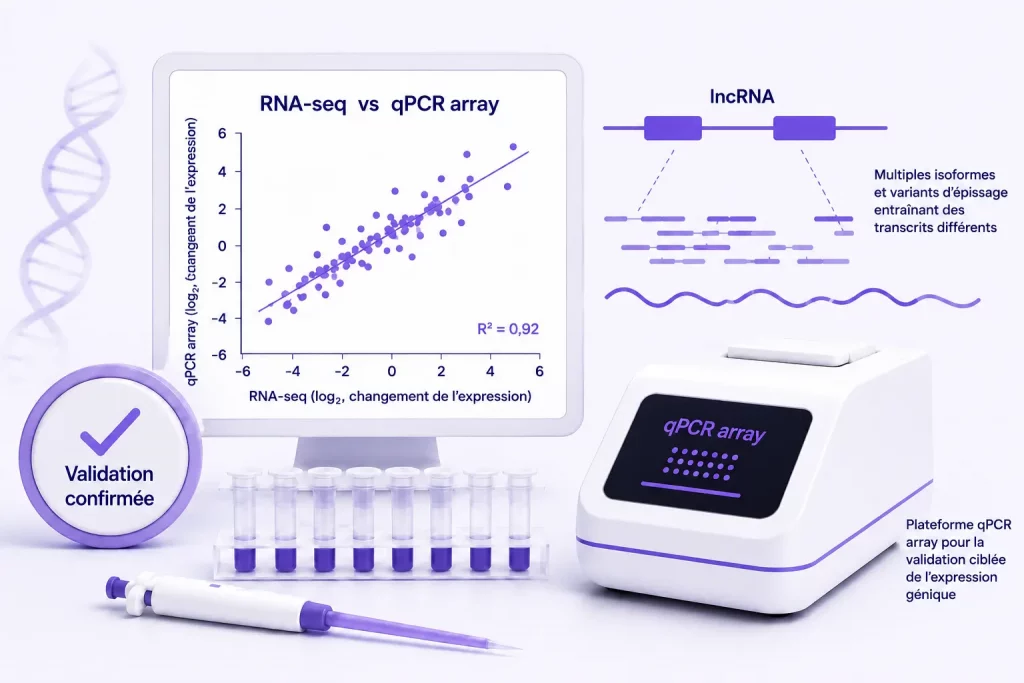 Illustration scientifique montrant la validation RNA-seq des lncRNA avec qPCR array, incluant un workflow de validation, une analyse de corrélation et la confirmation de transcrits faiblement exprimés.
