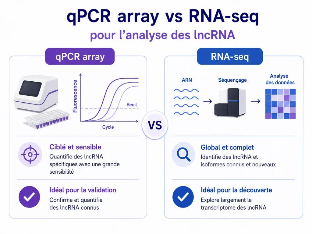 Infographie scientifique comparant qPCR array et RNA-seq pour l’analyse de l’expression génique des lncRNA, avec la validation, la sensibilité, la découverte de transcrits et le profilage du transcriptome.