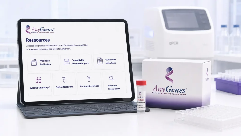 Visuel des ressources AnyGenes® pour les protocoles qPCR, les guides PDF et la compatibilité des produits avec les instruments qPCR
